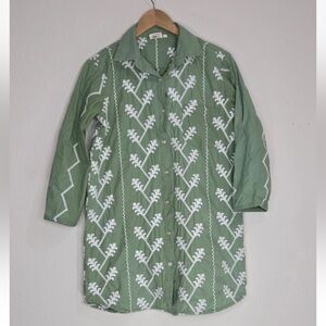 Julia Amory Swizzle Shirt Dress Small Green White Embroidered Tunic Size S